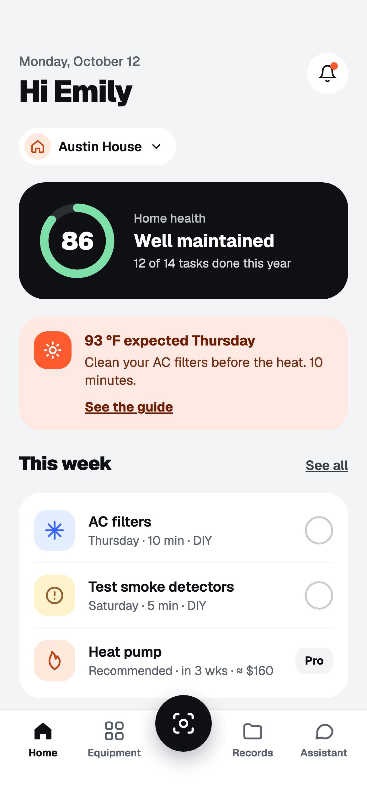 Abrio home screen: home health score, heat alert and this week's tasks