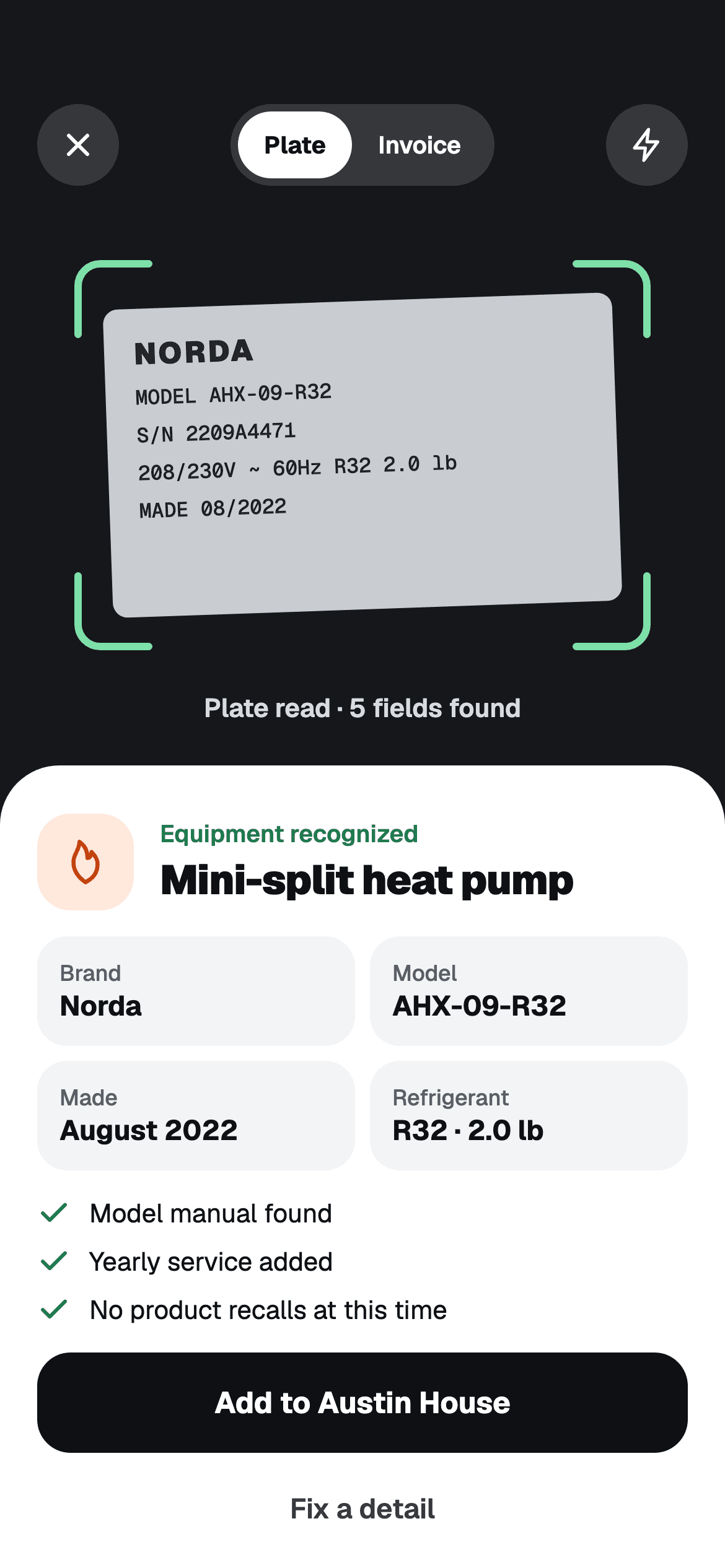 Scanning a heat pump nameplate in Abrio