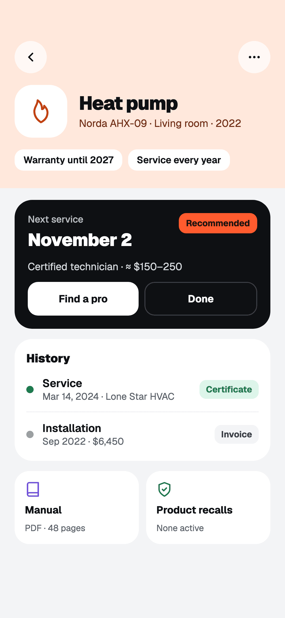 Heat pump page: next service, history, manual and product recalls