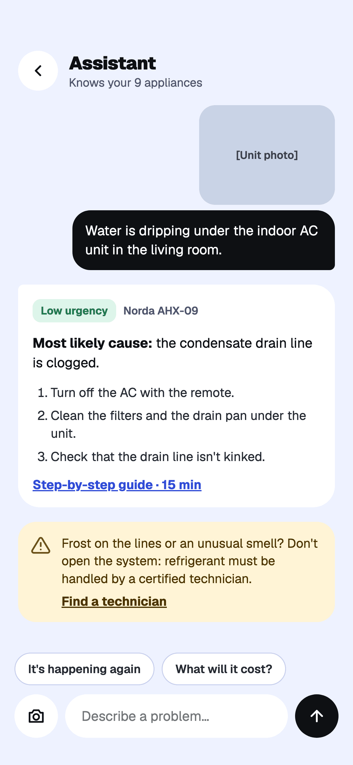 Abrio assistant explaining water leaking under an AC unit