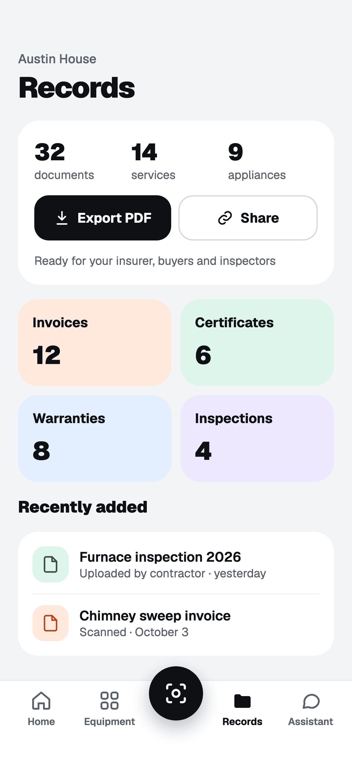Home file: documents, services, PDF export and sharing