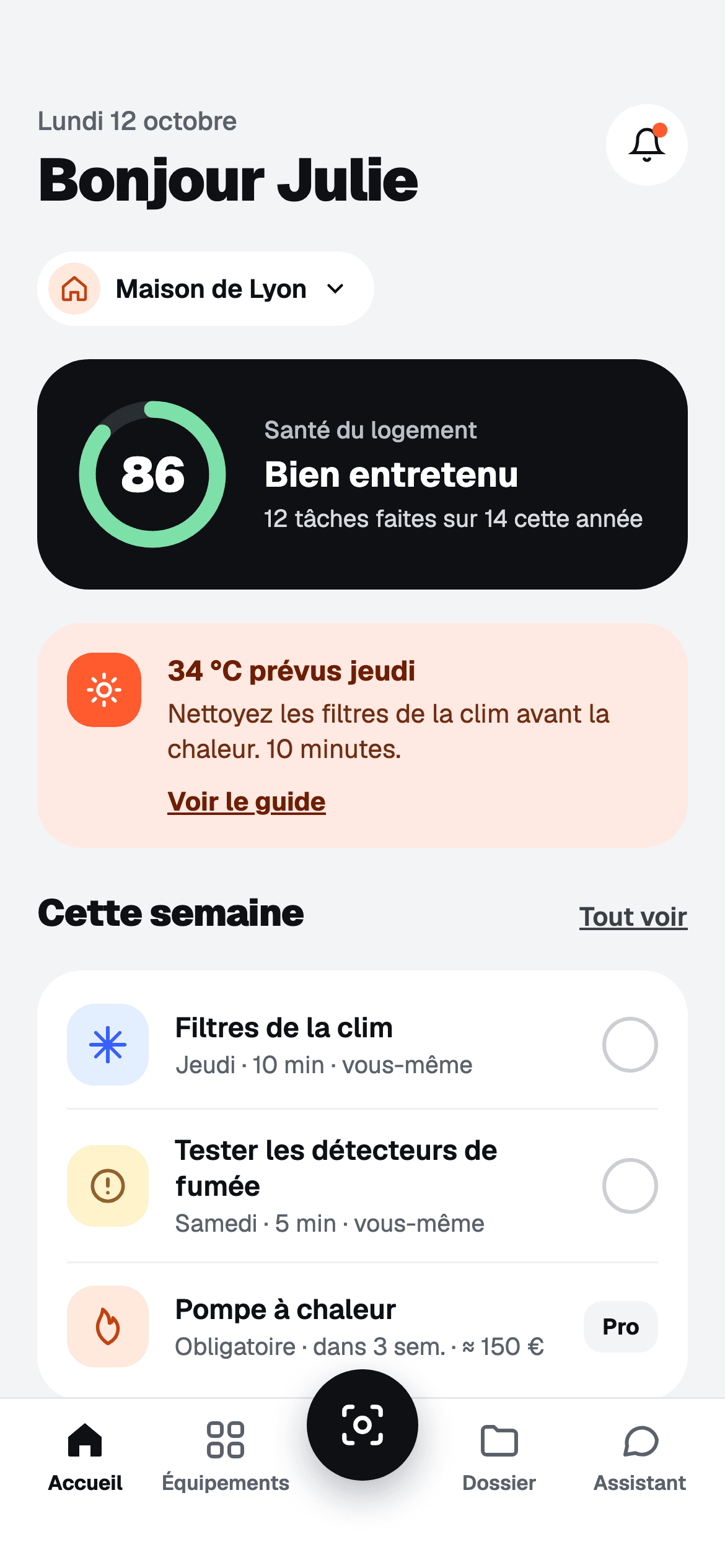 Écran d'accueil d'Abrio : score de santé du logement, alerte chaleur et tâches de la semaine