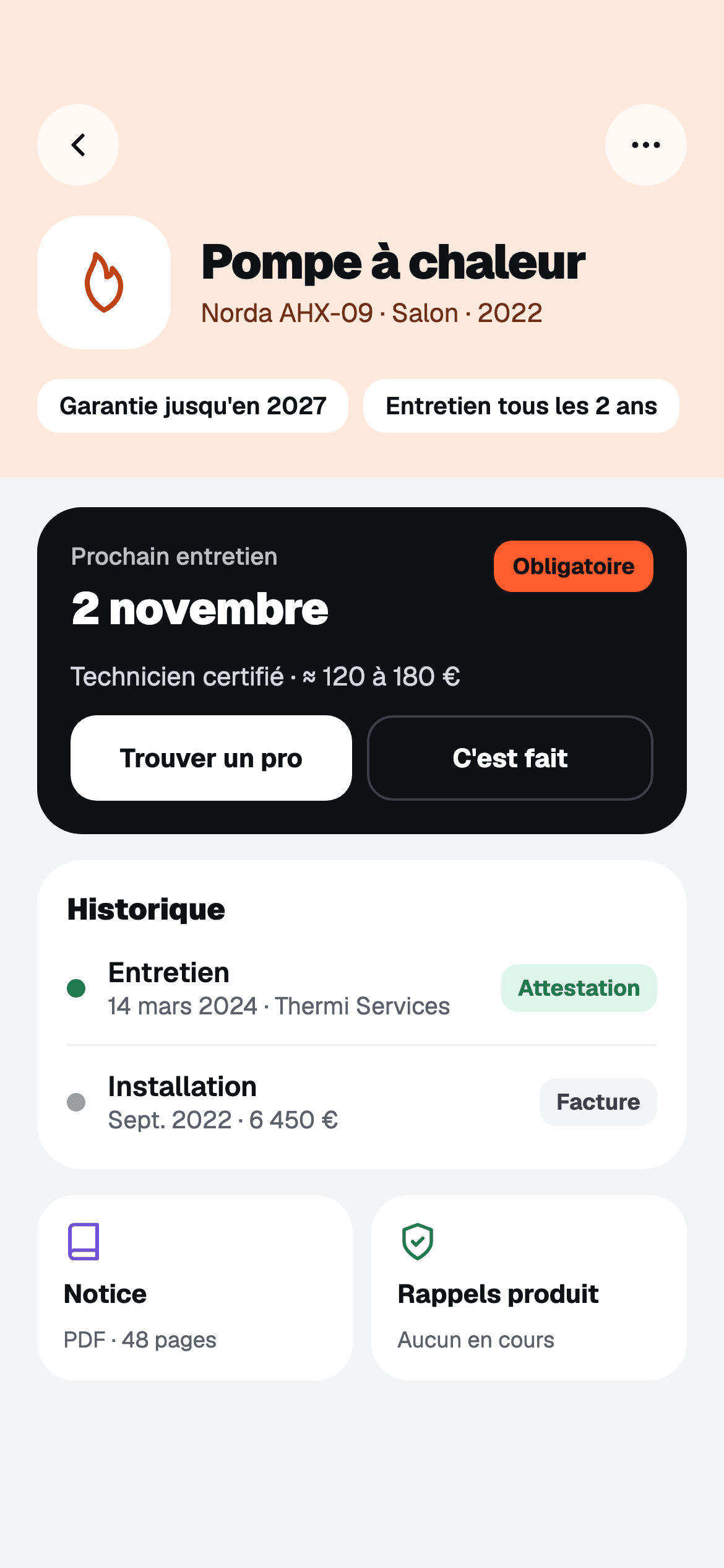 Fiche d'une pompe à chaleur : prochain entretien, historique, notice et rappels produit