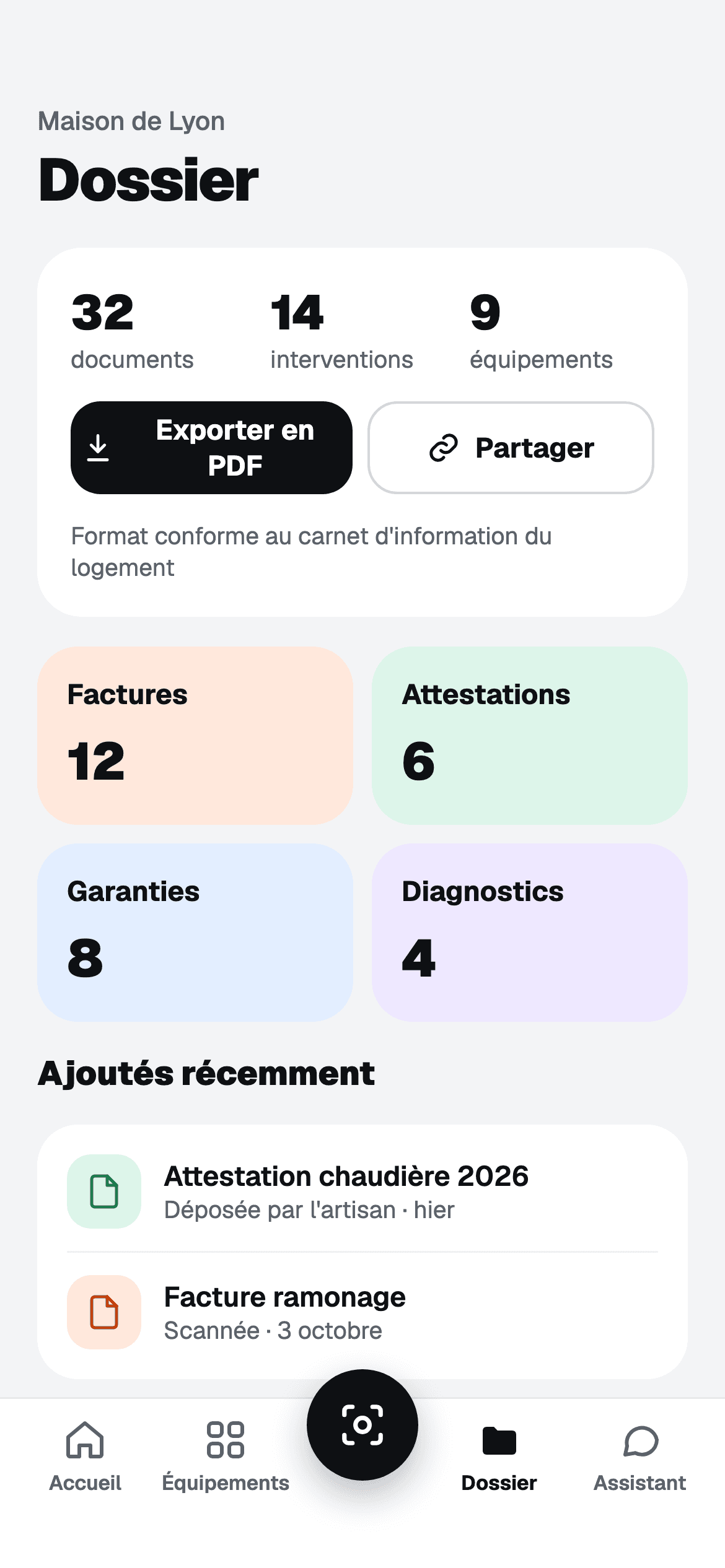Dossier du logement : documents, interventions, export PDF et partage
