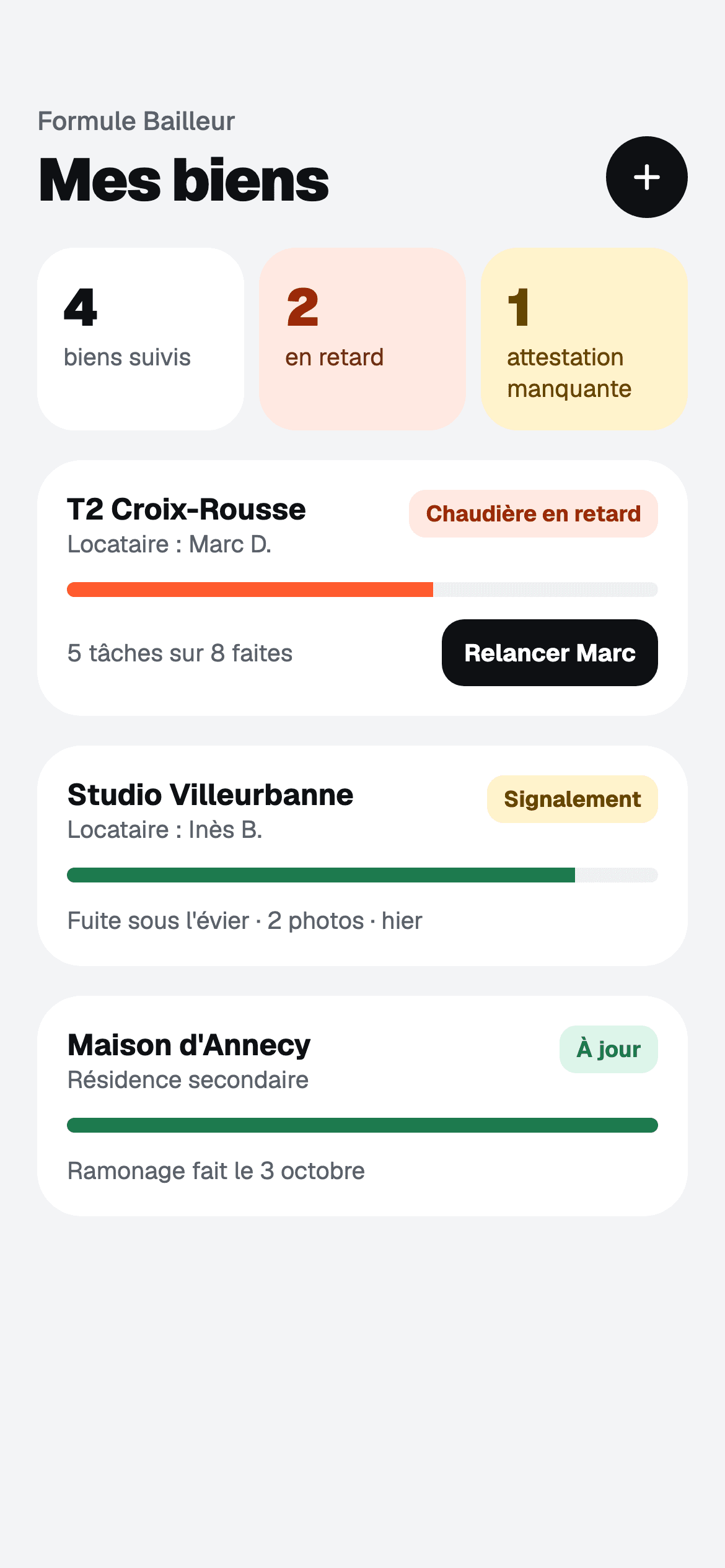 Tableau de bord bailleur : biens suivis, tâches en retard et attestations manquantes